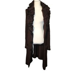 BCBG MAX AZRIA Brown Knit Long Cardigan Boho Sweater Ruffle Collar Buttons XL